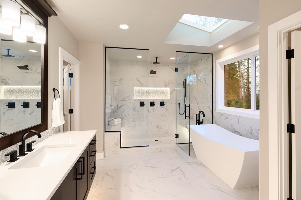 Luxury,Modern,Home,Bathroom,Interior,With,Dark,Brown,Cabinets,,White